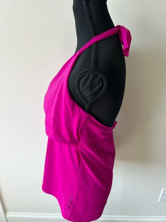Athleta Womens Faux Wrap Tankini Top Pink Stretch Halter Neck Tie 38D/DDT - Picture 2 of 9